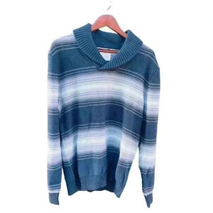 MEN’S SHAWL-COLLAR SWEATER•SIZE LARGE•BLUE, GREY AND WHITE•NWT•